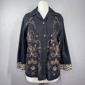 Stonebridge‎ Women's Med Dark wash button jacket brown embroidery Bohomian